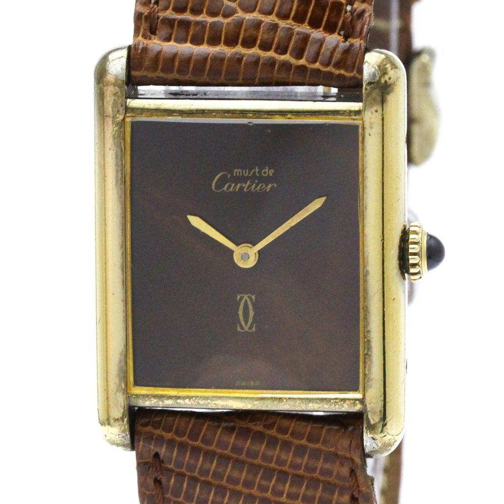 CARTIER Tank Vermeil Gold Plated Leater Hand-Winding Mens Watch